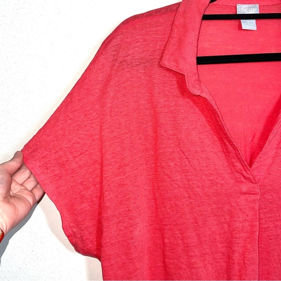 Chico’s 100% Linen Hot Pink Collared Split Neck Cap Sleeve Top 3 Xlarge Women’s - Picture 3 of 10